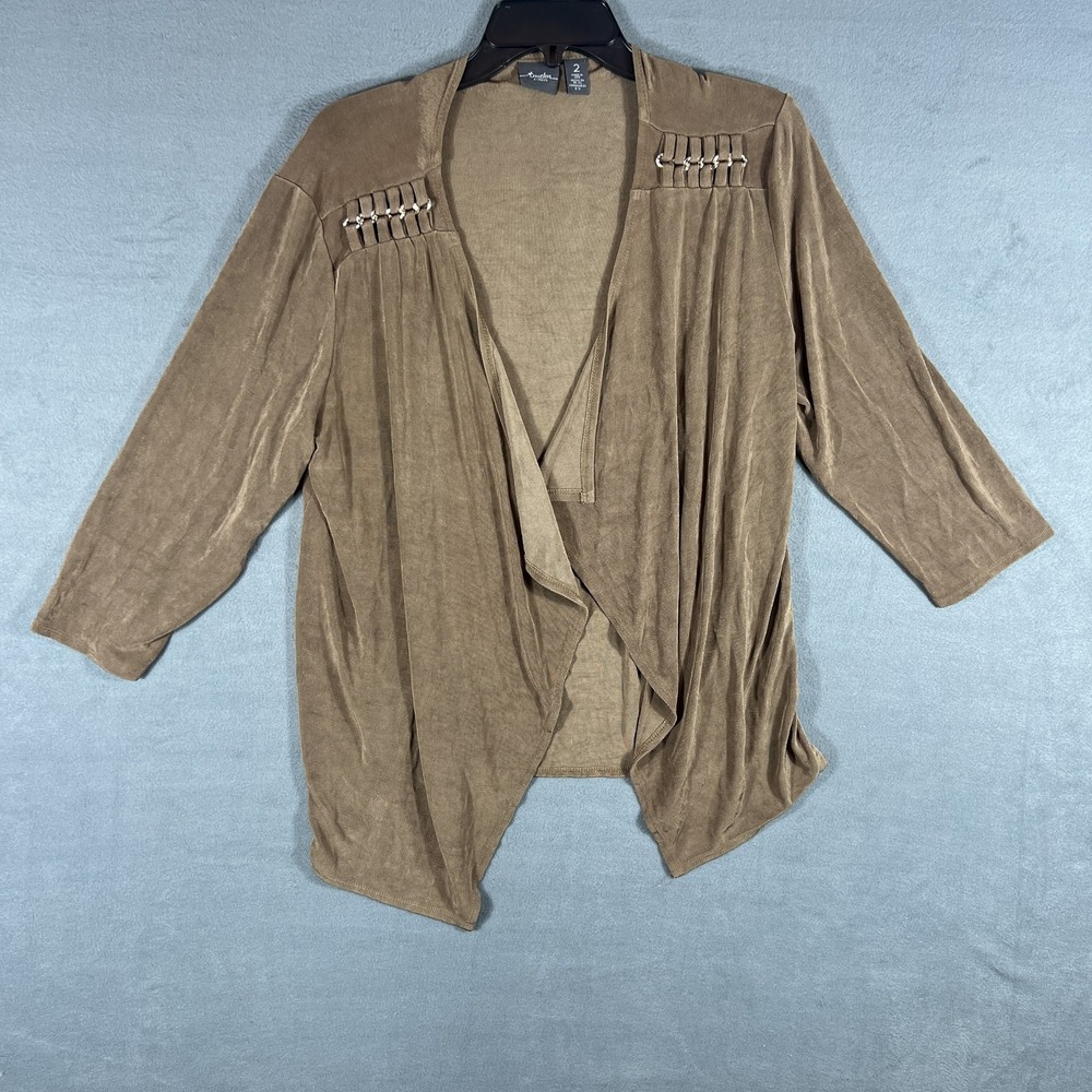 Chico's Travelers Women's Brown Draped Open Front Cardigan Jacket Top Size 2 (L)